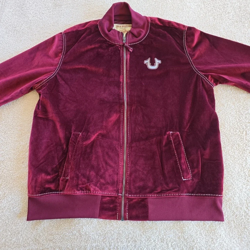 True Religion Jacket Men's S Burgundy Velvet Big T Mock Zip Up Broadway Gunmetal